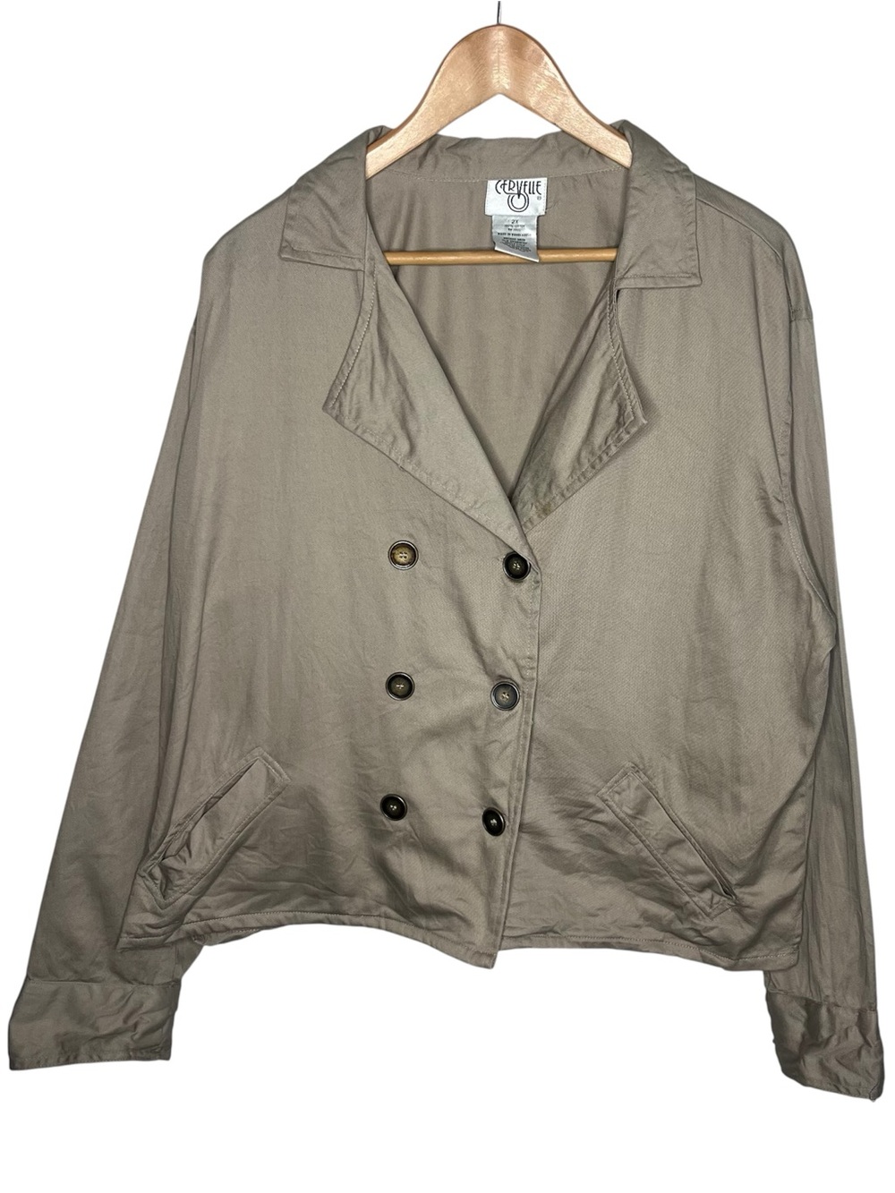 Vintage Cerville Khaki Double Breasted Cropped Jacket Size 2X Euro Chic